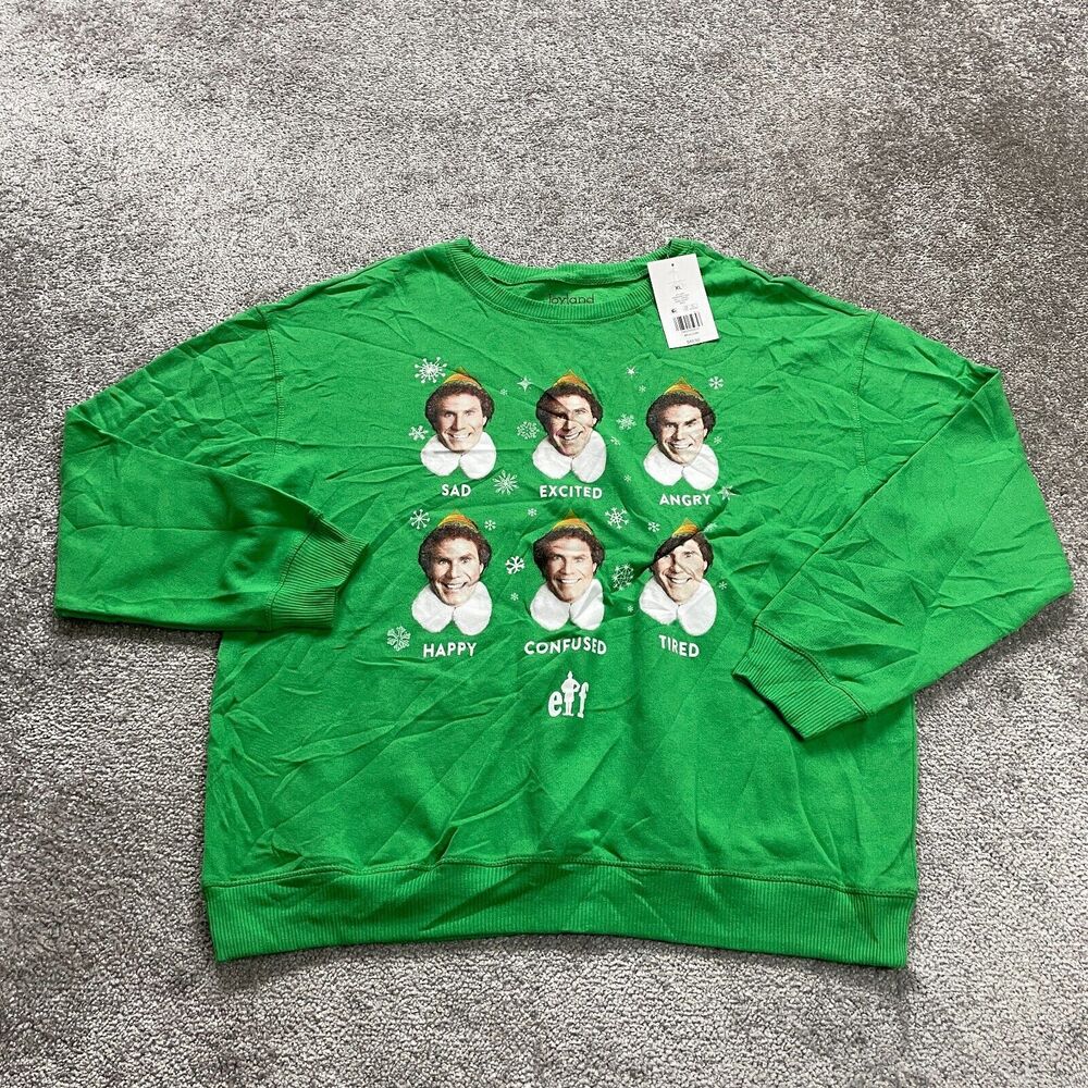 Joyland Pullover Sweatshirt Women XL Green Graphic Holiday Elf Christmas NWT New
